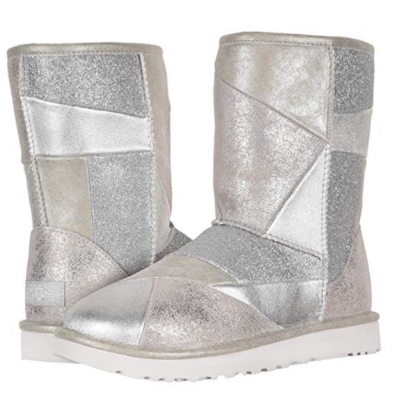 Ugg Classic Glitter Patchwork Boots Silver NEW - Picture 1 of 8